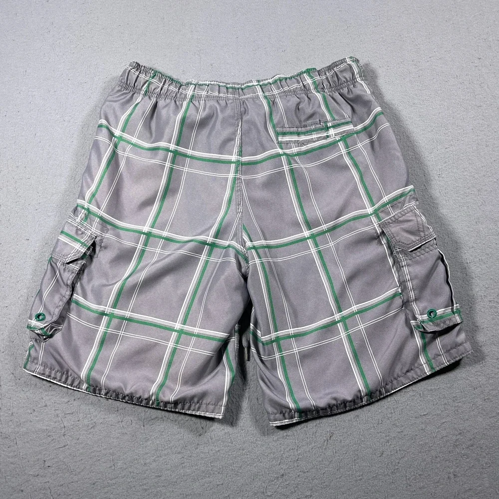 Ocean Pacific Plaid Board Shorts Men Medium Grey Green Cargo Swim Trunks Vintage